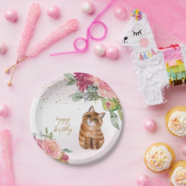  Orange Cat Illustration Happy Birthday Girl Party Paper Plates (Party)
