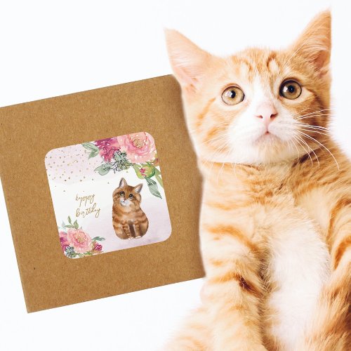  Orange Cat Illustration Happy Birthday Girl Party Square Sticker