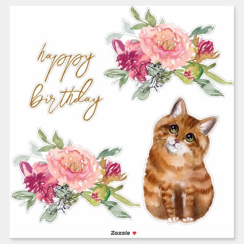  Orange Cat Illustration Happy Birthday Girl Party Sticker