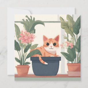 Orange Cat in a Flower Pot Card