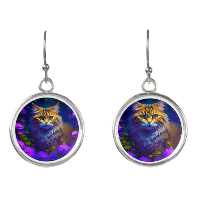 Orange Cat in a purple Flowers Earrings (Front)