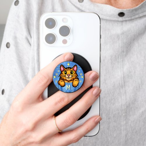 Orange Cat in Faux Denim Pocket Custom Monogram PopSocket