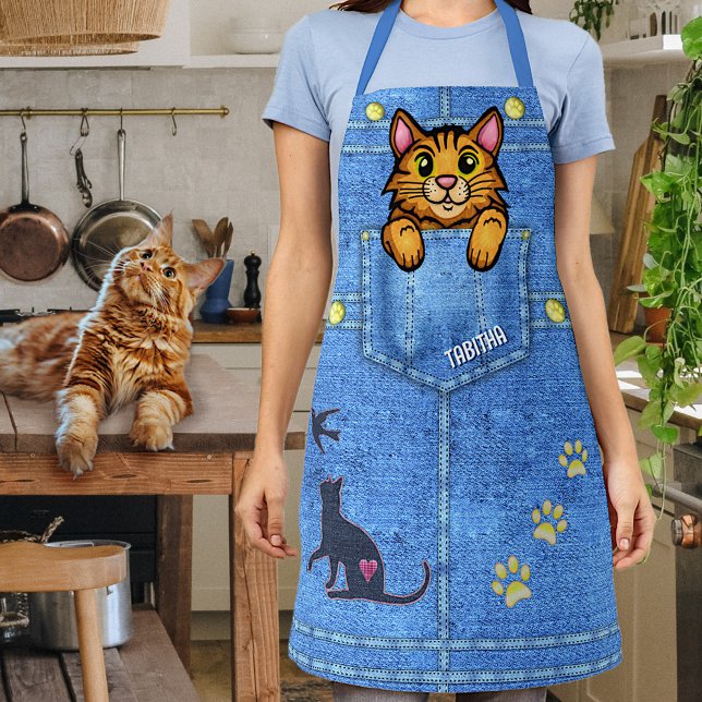 Orange Cat in Faux Denim Pocket with Custom Name Apron (Creator Uploaded)