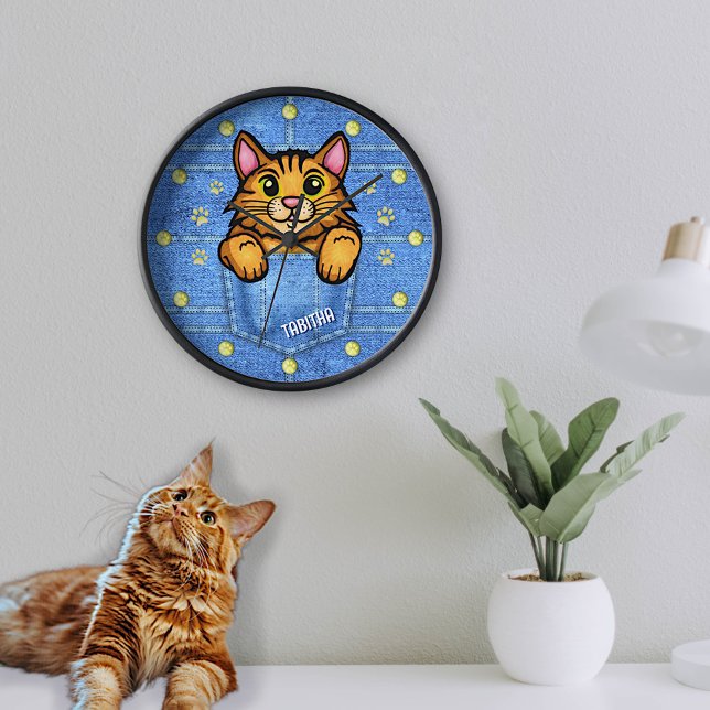 Orange Cat in Faux Denim Pocket with Custom Name Clock (Creator Uploaded)