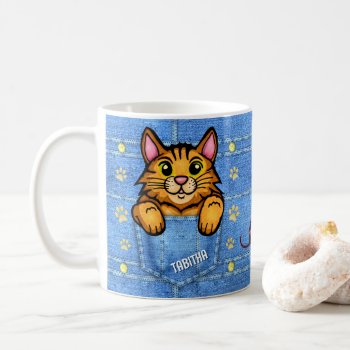 Orange Cat In Faux Denim Pocket With Custom Name Coffee Mug by LaborAndLeisure at Zazzle