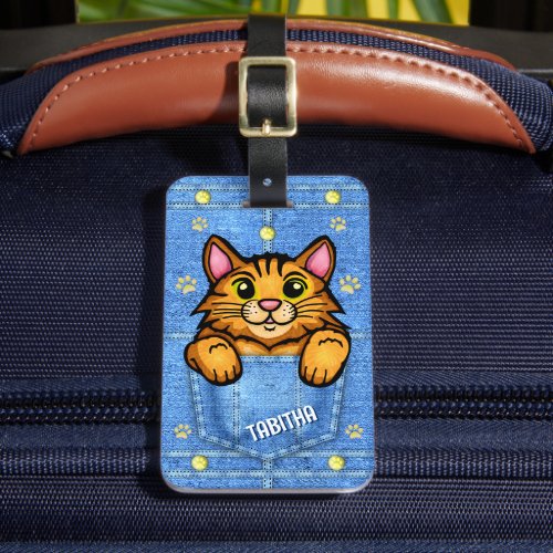 Orange Cat in Faux Denim Pocket with Custom Name Luggage Tag