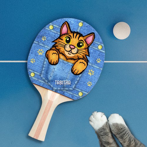 Orange Cat in Faux Denim Pocket with Custom Name Ping Pong Paddle
