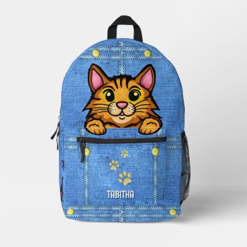 Orange Cat in Faux Denim Pocket with Custom Name Printed Backpack