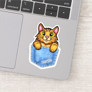 Orange Cat in Faux Denim Pocket with Custom Name Sticker