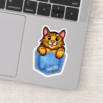 Orange Cat In Faux Denim Pocket With Custom Name Sticker by LaborAndLeisure at Zazzle