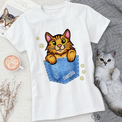 Orange Cat in Faux Denim Pocket with Custom Name T_Shirt