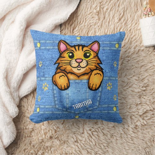 Orange Cat in Faux Denim Pocket with Custom Name Throw Pillow