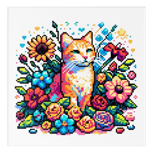 Orange Cat in Flowers Pixel Art