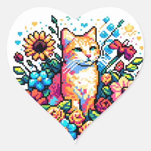 Orange Cat in Flowers Pixel Art Heart Sticker
