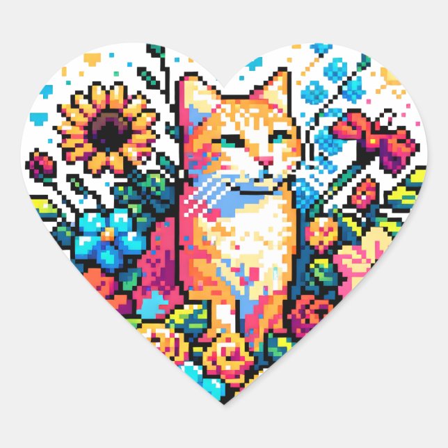 Orange Cat in Flowers Pixel Art Heart Sticker (Front)