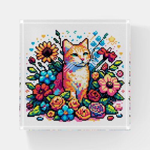 Orange Cat in Flowers Pixel Art Paperweight