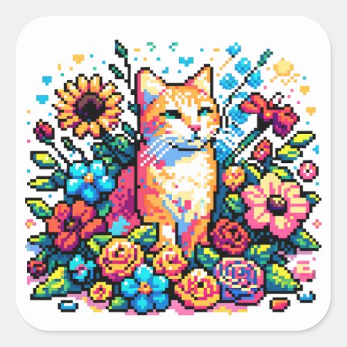 Orange Cat in Flowers Pixel Art Square Sticker