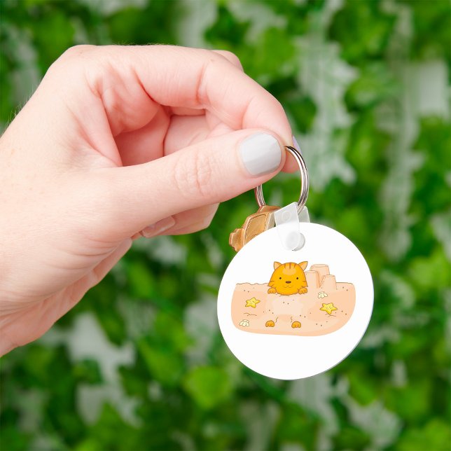 Orange Cat in Sandcastle Beach Scene Keychain (Creator Uploaded)
