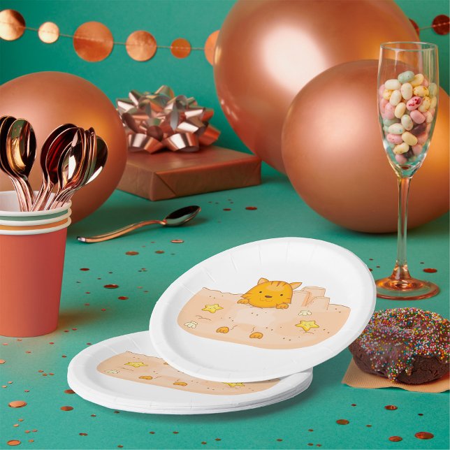 Orange Cat in Sandcastle Beach Scene Paper Plates (Creator Uploaded)