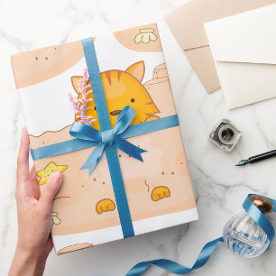 Orange Cat in Sandcastle Beach Scene Wrapping Paper