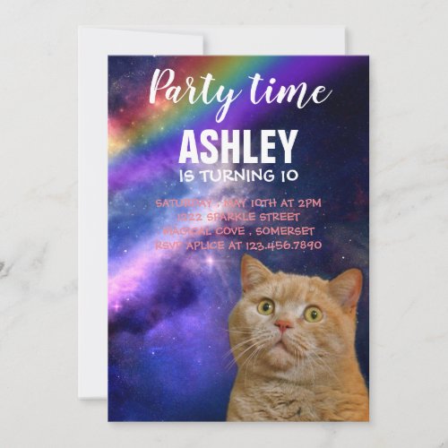 Orange Cat In Space Party Invitation