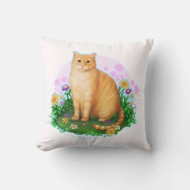 Orange Cat in the Flower Patch Throw Pillow (Front)