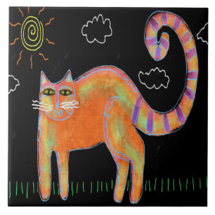Orange Cat in the Sun Abstract Painting Ceramic Tile