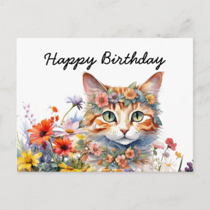 Orange cat is on white background birthday postcard