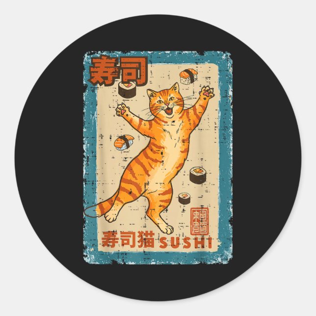 Orange Cat Jumng With Sushi Japanese Food Men Wome Classic Round Sticker (Front)