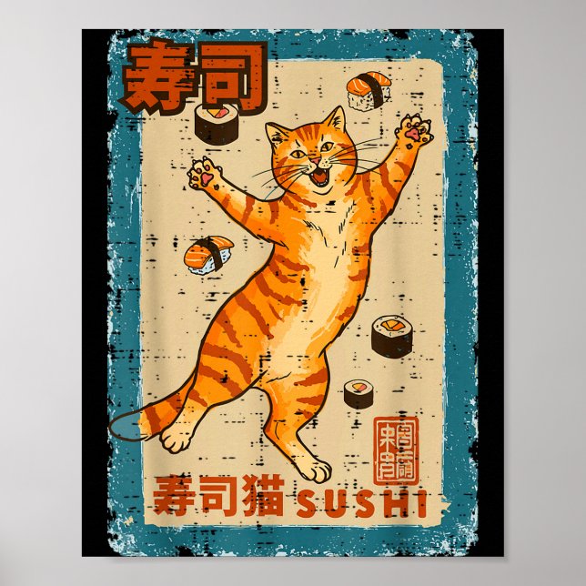 Orange Cat Jumng With Sushi Japanese Food Men Wome Poster (Front)