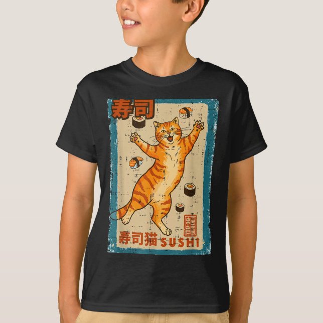 Orange Cat Jumng With Sushi Japanese Food Men Wome T-Shirt (Front)