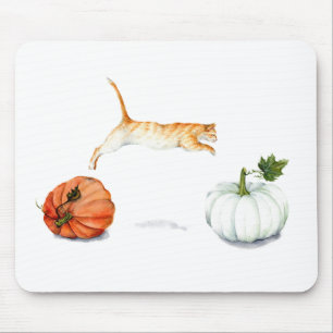 Orange Cat Jumping Between Pumpkins Mouse Pad