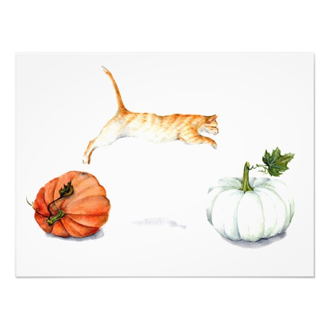 Orange Cat Jumping Between Pumpkins Photo Print (Front)
