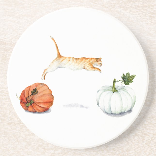 Orange Cat Jumping Between Pumpkins Sandstone Coaster (Front)