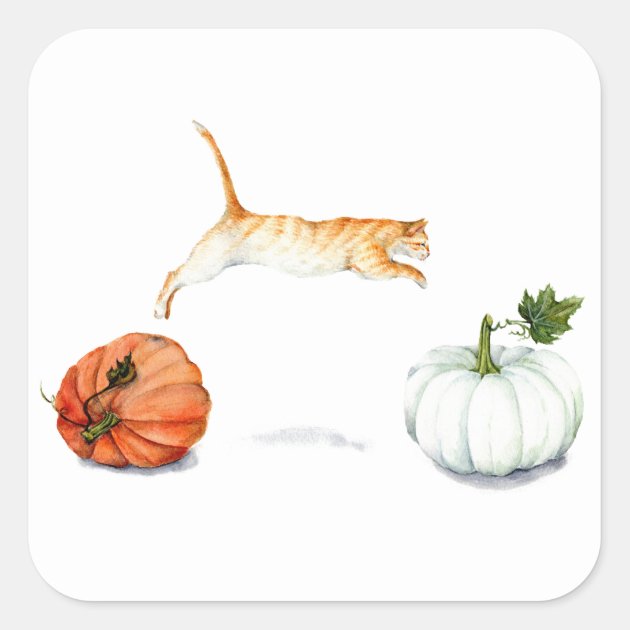Orange Cat Jumping Between Pumpkins Square Sticker