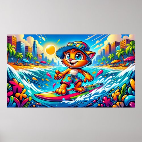 Orange Cat on a Surfboard Poster