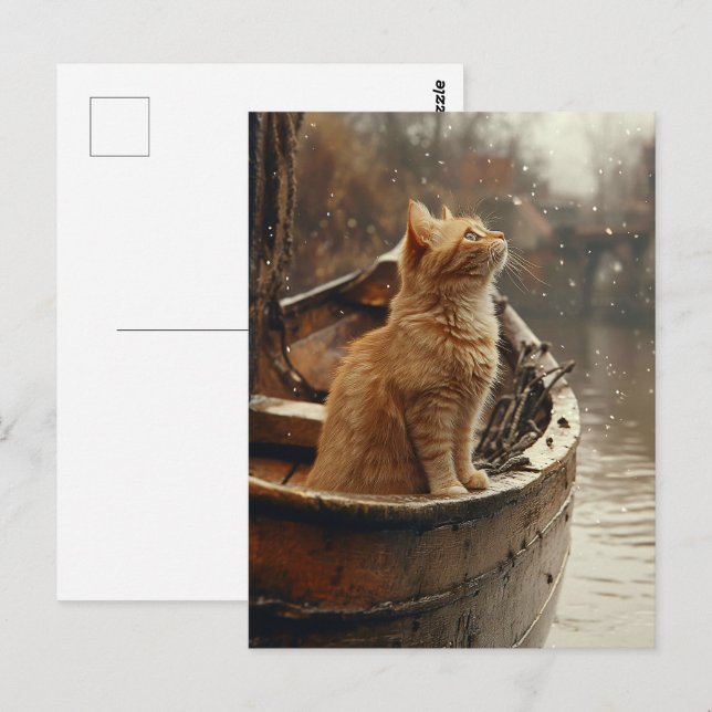 Orange Cat on a Wooden Boat Postcard (Front/Back)
