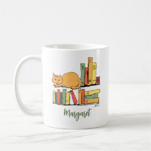 Orange Cat on Bookshelf Hand Drawn Cute Library Coffee Mug