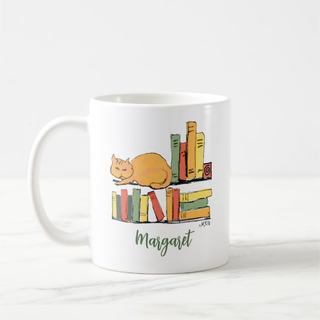 Orange Cat on Bookshelf Hand Drawn Cute Library  Coffee Mug (Left)
