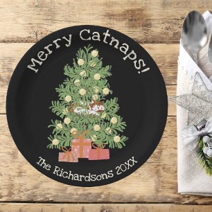 Orange Cat on Chistmas Tree Merry Catnaps! Black Paper Plates
