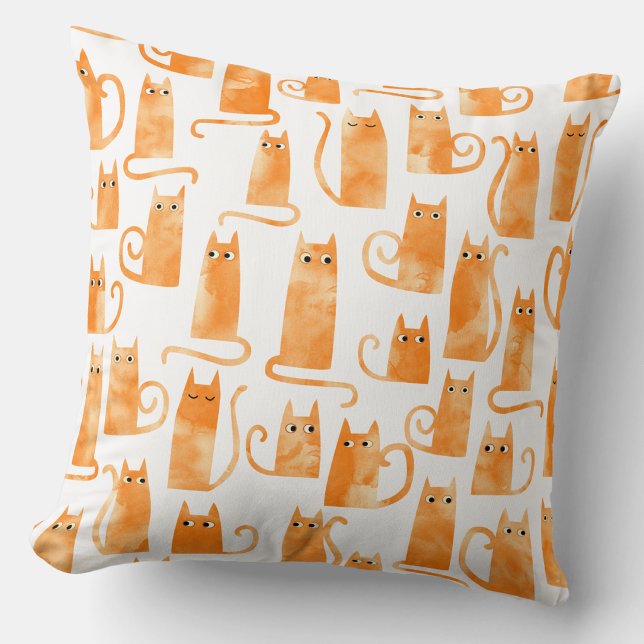 Orange Cat Pattern Throw Pillow (Orange ginger cat watercolor pattern throw pillow)