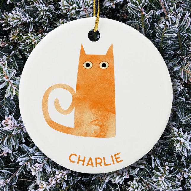 Orange Cat Personalized Ceramic Ornament (Fun watercolor Orange Ginger Cat personalized ceramic ornament)