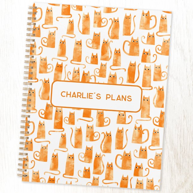 Orange Cat Personalized Planner (Fun orange ginger cat watercolor pattern personalized custom text planner)