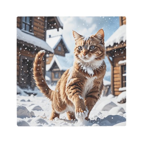 Orange Cat Playing in Snow Metal Print