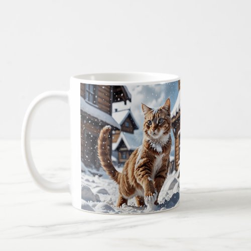 Orange Cat Playing in the Snow Coffee Mug