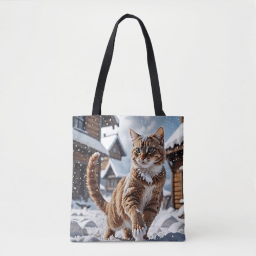 Orange Cat Playing in the Snow Tote Bag