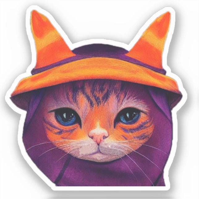 Orange Cat Purple Witch Hat Fantasy Halloween  Sticker (Front)