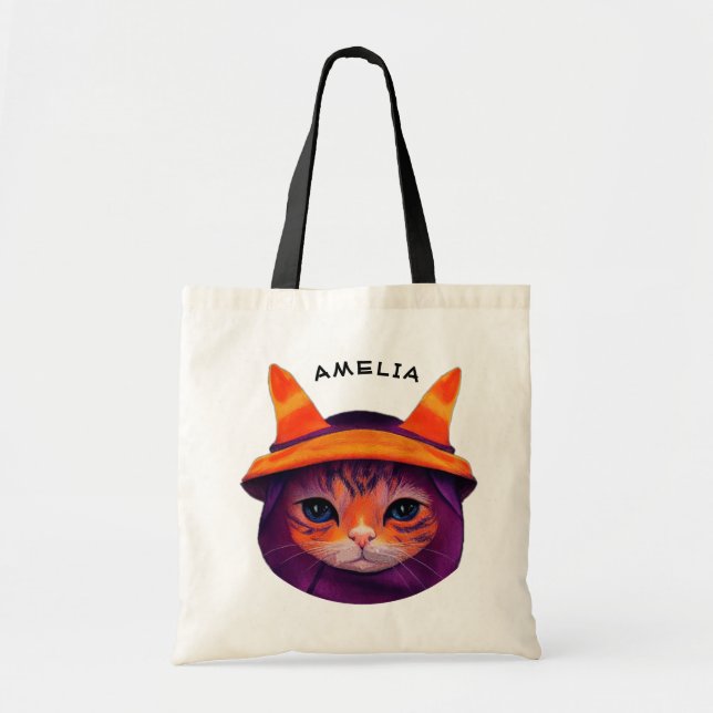 Orange Cat Purple Witch Hat Fantasy Halloween  Tote Bag (Front)