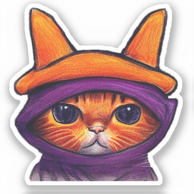 Orange Cat Purple Witch Hat Halloween Sticker (Front)