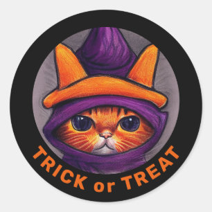 Orange Cat Purple Witch Hat Trick Treat Halloween Classic Round Sticker